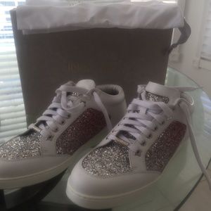 Jimmy Choo Platinum/ Flamingo Leather Tennis Shoes